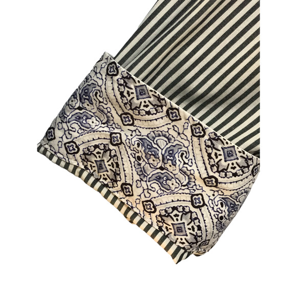 Talbots Size 16 Grey White Stripe Button Front Top Wrinkle Resistant Flip Cuff - Picture 3 of 9